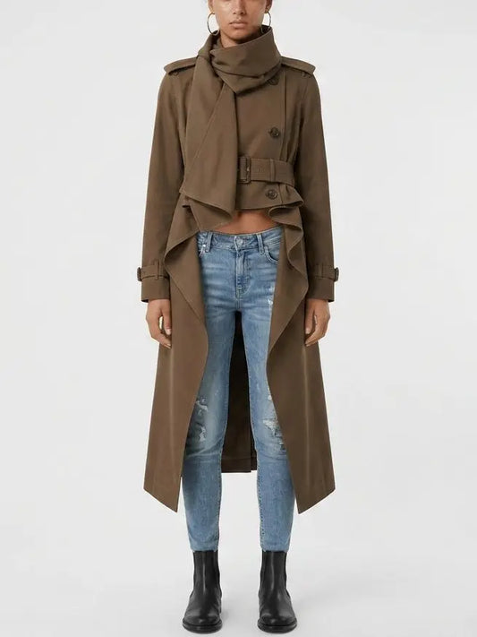 Brown Silk Hi-Low Trench Coat with Scarf - Small - Coats