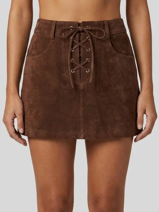 Brown Suede Lace-Up Mini Skirt - S - Skirts