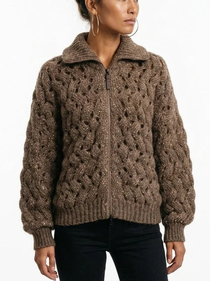 Brown Cable Knit High Neck Zip Front Cardigan - Sweaters & Knitwear