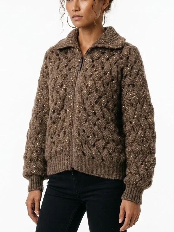 Brown Cable Knit High Neck Zip Front Cardigan - Sweaters & Knitwear
