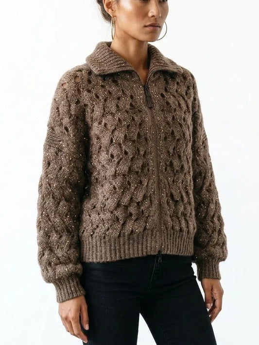 Brown Cable Knit High Neck Zip Front Cardigan - Sweaters & Knitwear