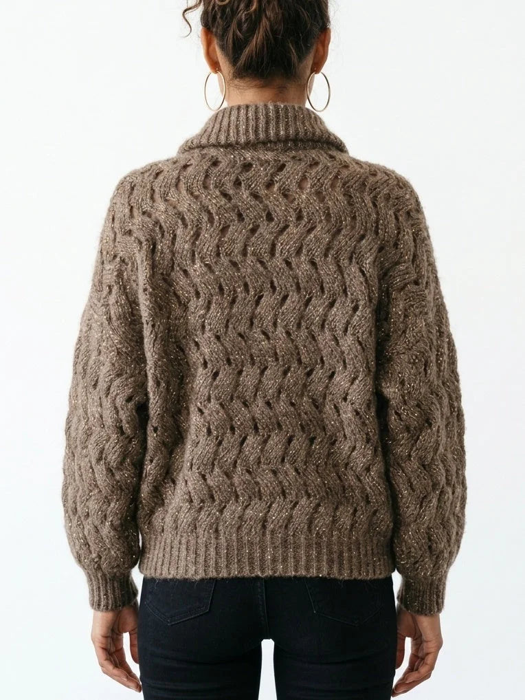 Brown Cable Knit High Neck Zip Front Cardigan - Sweaters & Knitwear