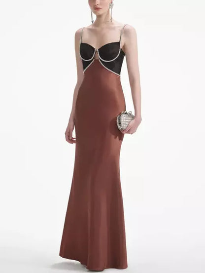 Brown Crystal-Detailed Satin Maxi Dress - Branna Couture