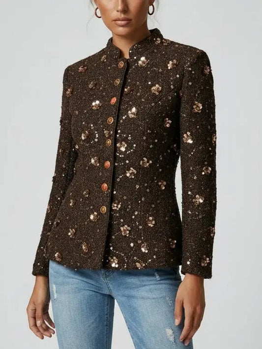 Brown Embellished Tweed Jacket with Sequin Patches - Jackets