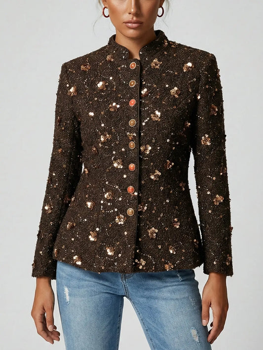 Brown Embellished Tweed Jacket with Sequin Patches - Small - Jackets