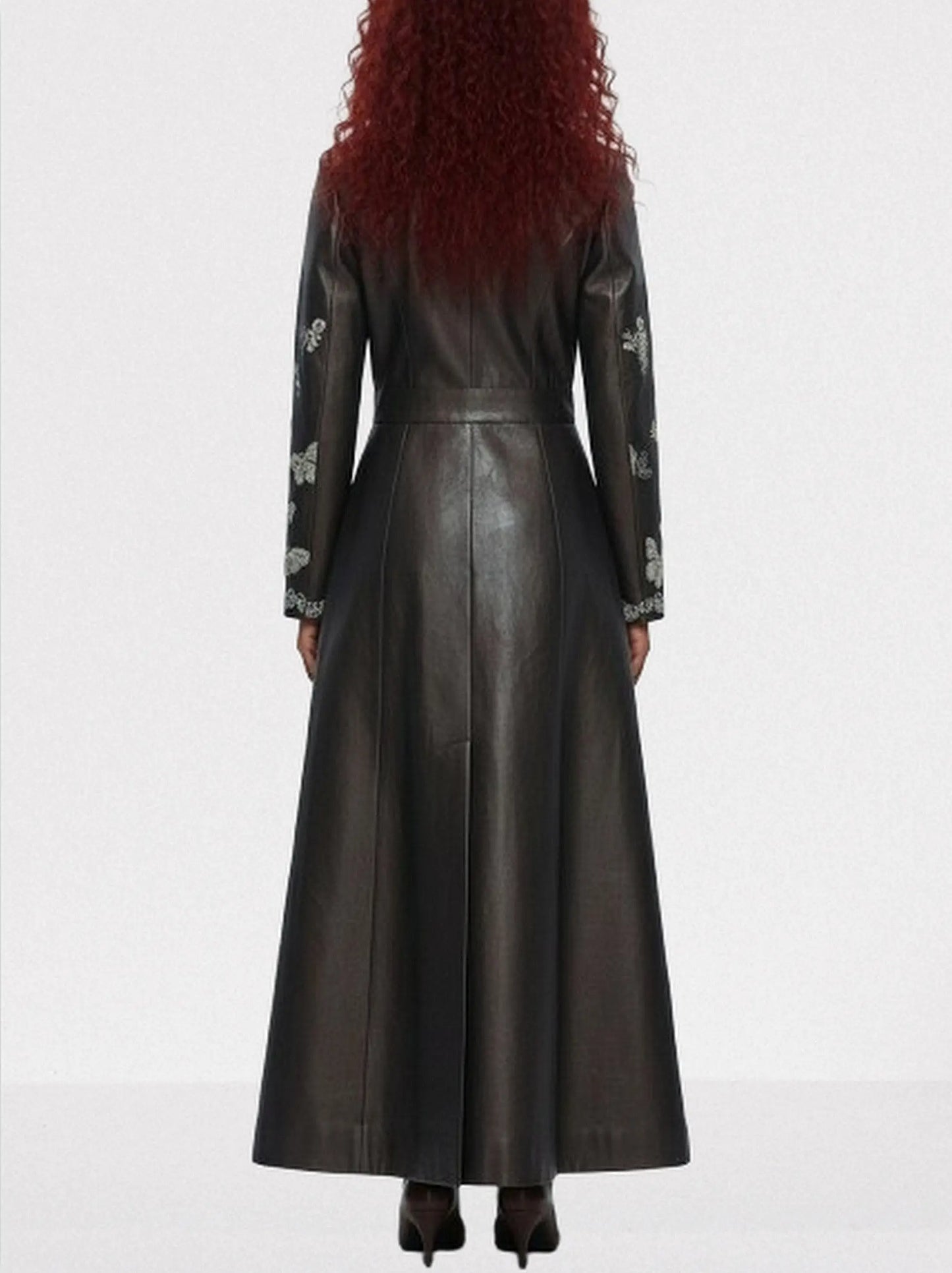 Brown Faux-Leather Butterfly Embroidered Long Coat - Coats