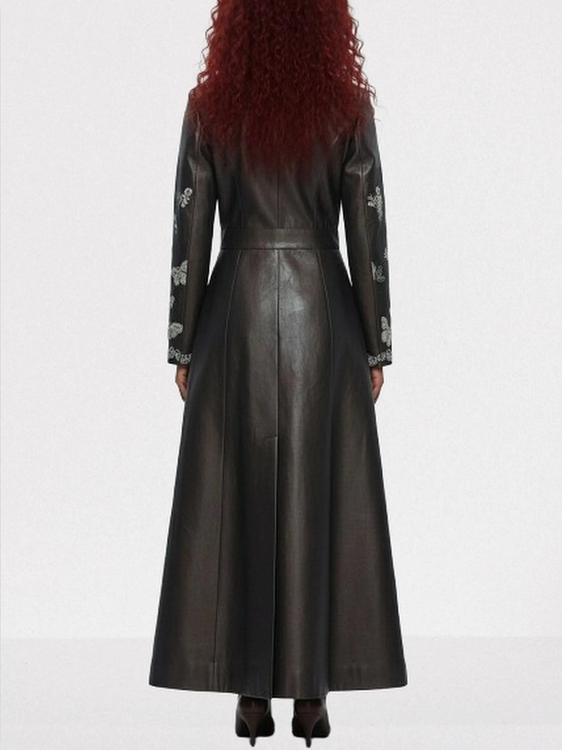 Brown Faux-Leather Butterfly Embroidered Long Coat - Coats