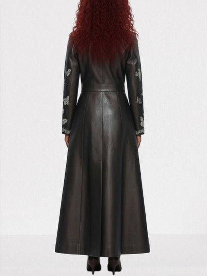 Brown Faux-Leather Butterfly Embroidered Long Coat - Coats