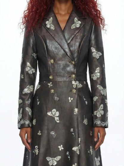 Brown Faux-Leather Butterfly Embroidered Long Coat - Coats
