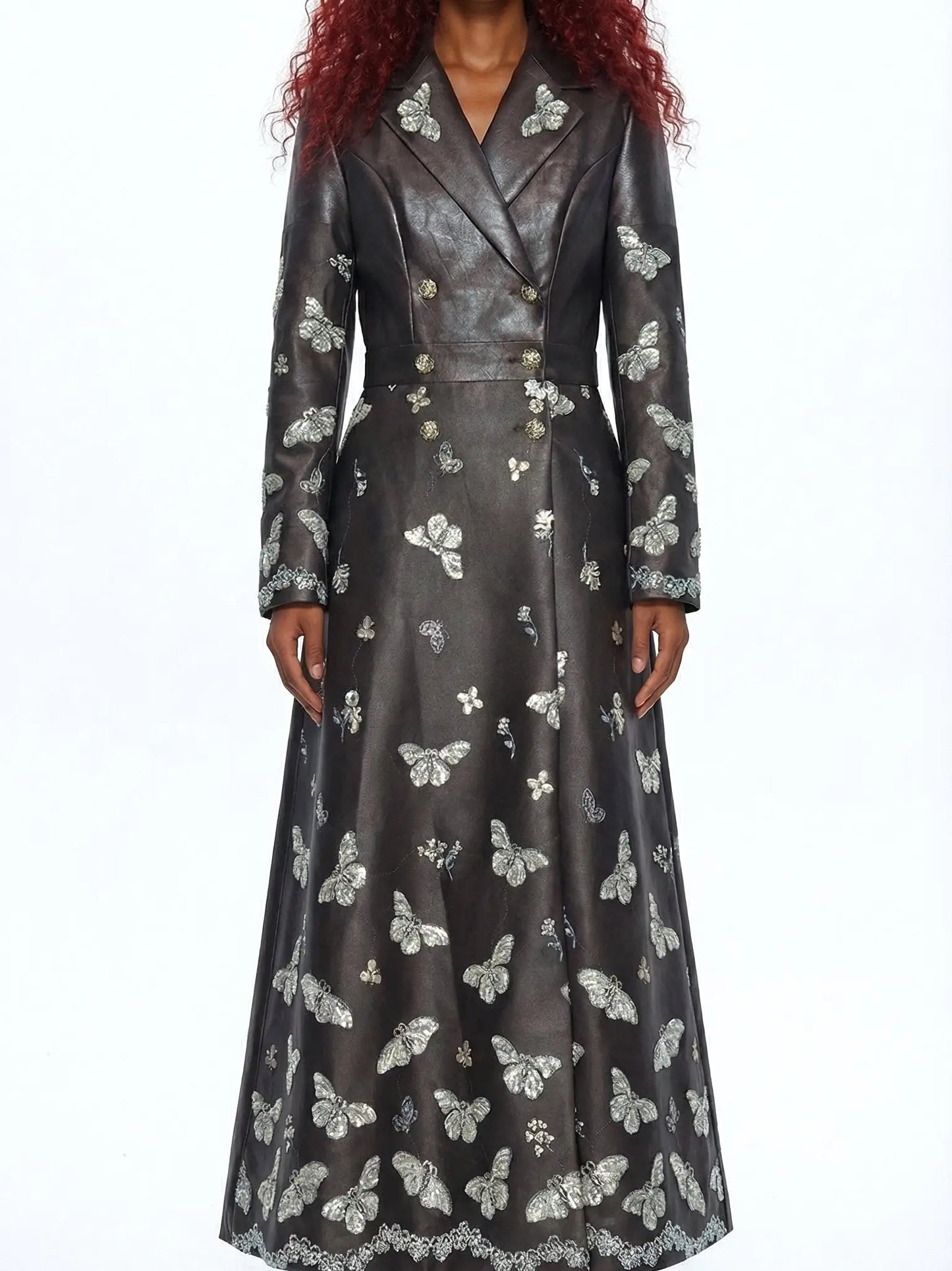 Brown Faux-Leather Butterfly Embroidered Long Coat - Coats