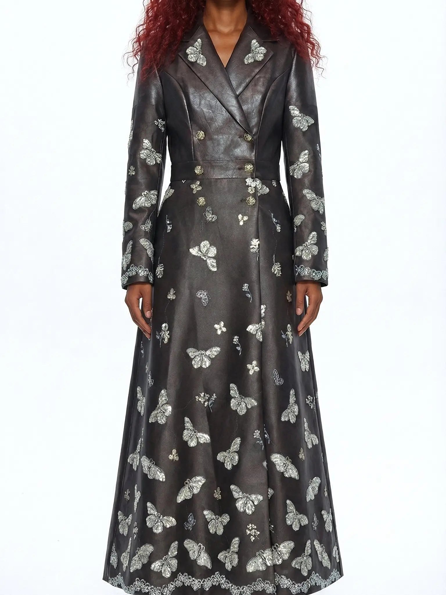 Brown Faux-Leather Butterfly Embroidered Long Coat - Coats