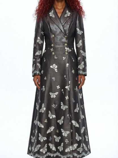 Brown Faux-Leather Butterfly Embroidered Long Coat - Coats