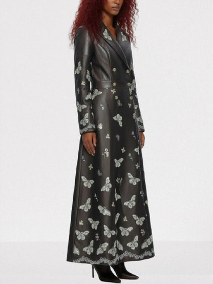 Brown Faux-Leather Butterfly Embroidered Long Coat - Coats