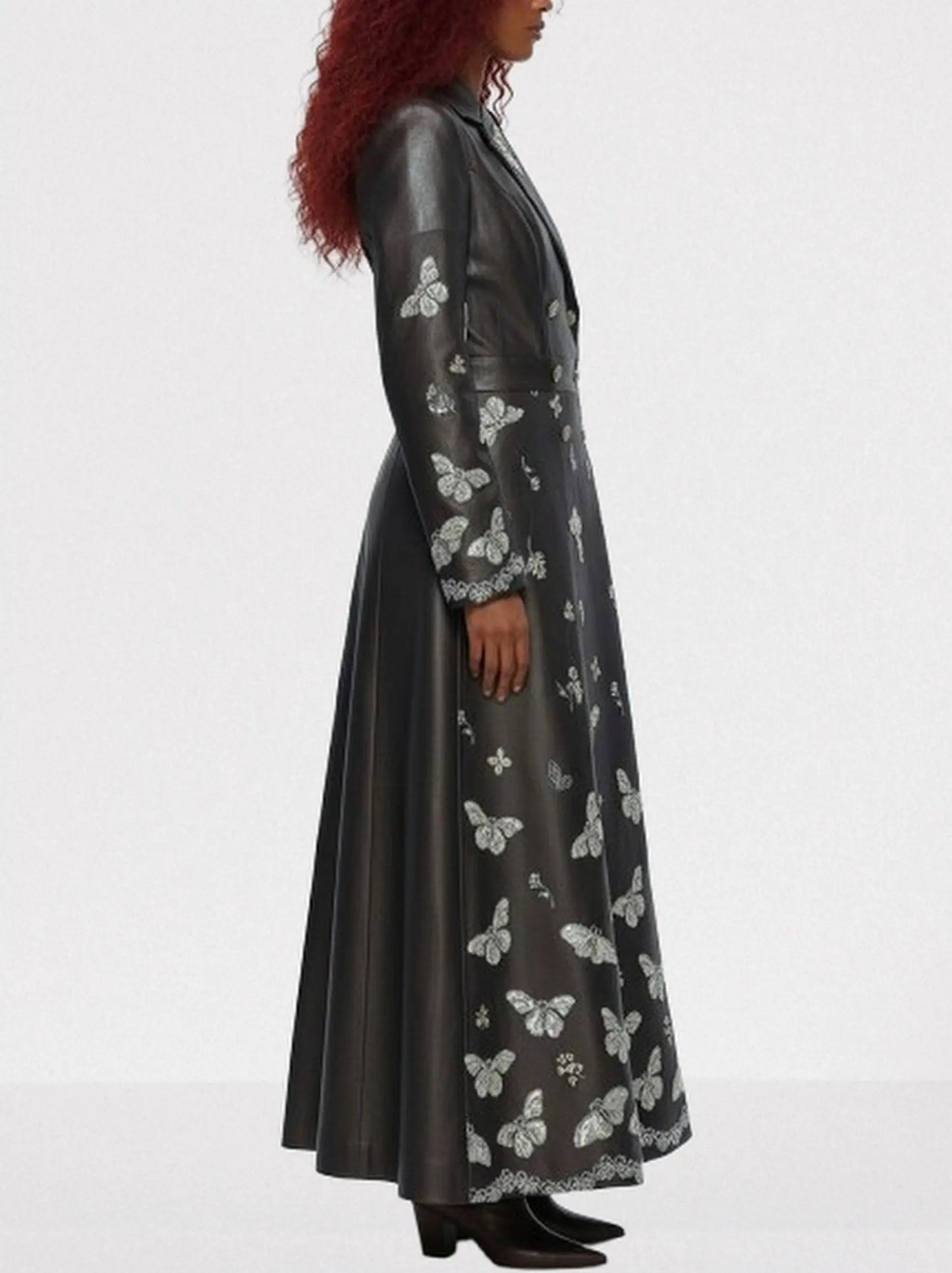 Brown Faux-Leather Butterfly Embroidered Long Coat - Coats