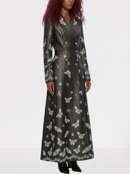 Brown Faux-Leather Butterfly Embroidered Long Coat - Coats