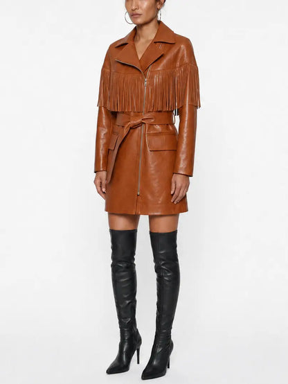 Brown Fringed Belted Short Leather Coat - Coats