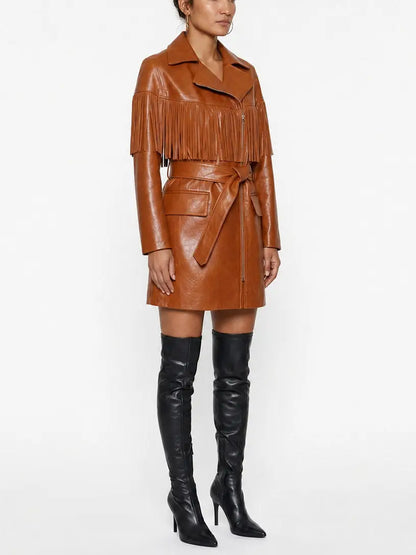 Brown Fringed Belted Short Leather Coat - Coats