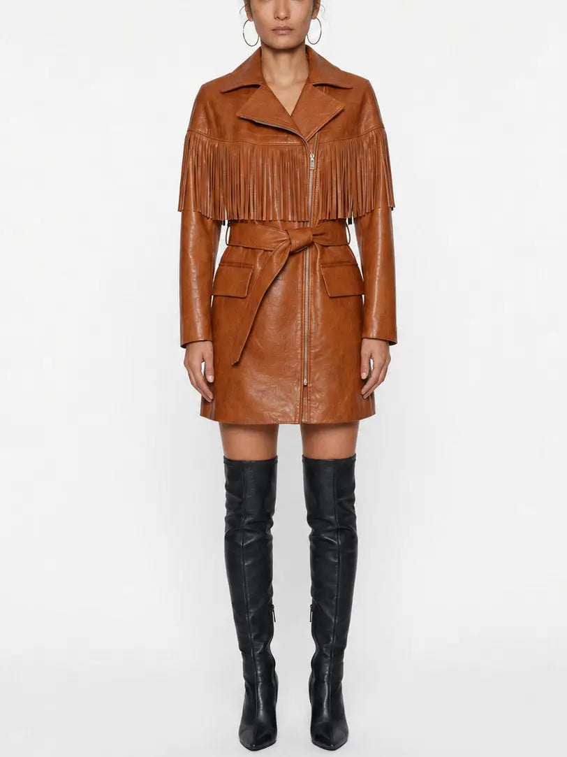 Brown Fringed Belted Short Leather Coat - Coats