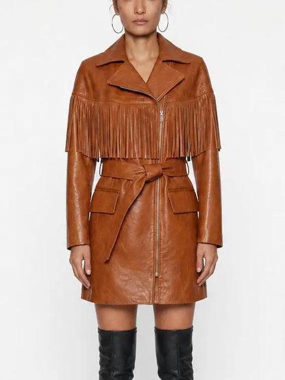 Brown Fringed Belted Short Leather Coat - Coats