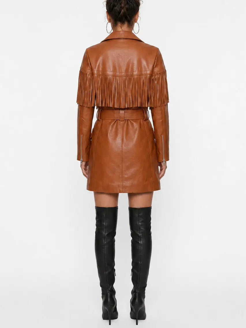 Brown Fringed Belted Short Leather Coat - Coats