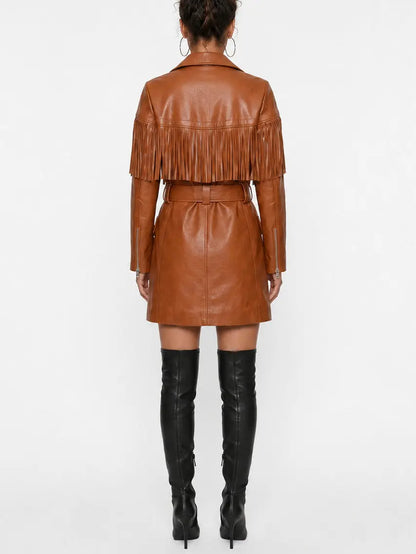 Brown Fringed Belted Short Leather Coat - Coats