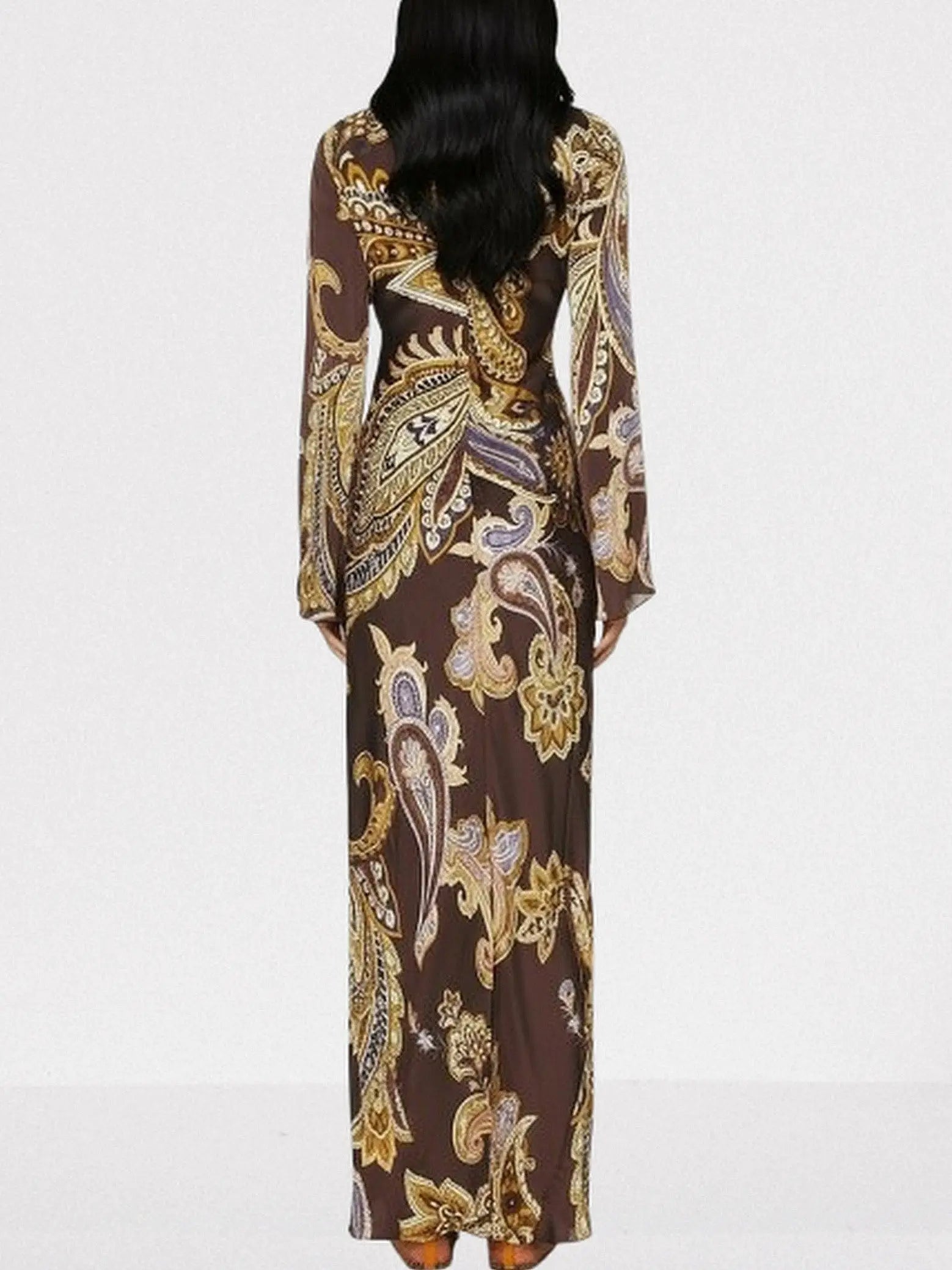 Brown Paisley-Print Long-Sleeve Maxi Dress - Dresses