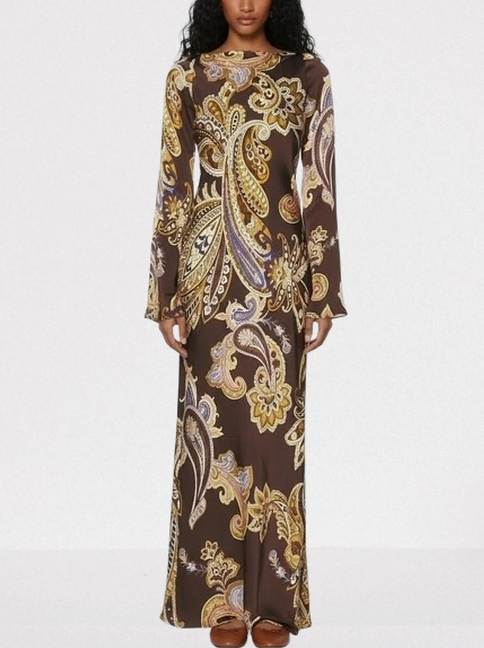 Brown Paisley-Print Long-Sleeve Maxi Dress - Dresses