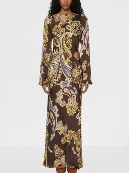 Brown Paisley-Print Long-Sleeve Maxi Dress - Dresses