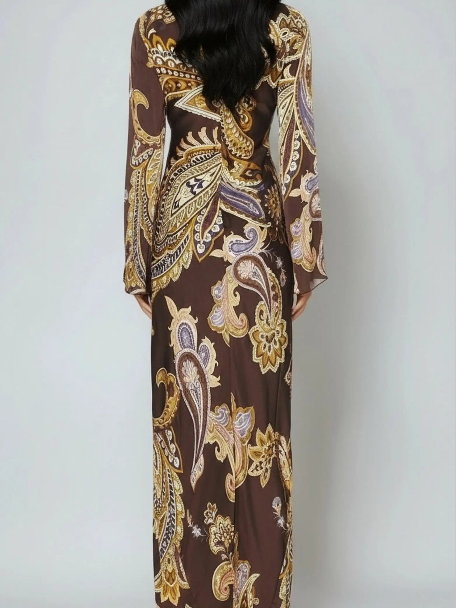 Brown Paisley-Print Long-Sleeve Maxi Dress - Dresses