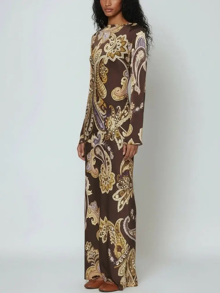 Brown Paisley-Print Long-Sleeve Maxi Dress - Dresses