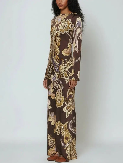 Brown Paisley-Print Long-Sleeve Maxi Dress - Dresses