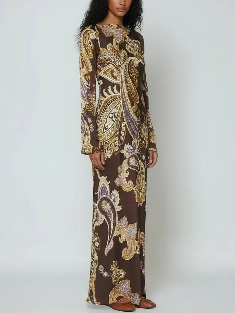 Brown Paisley-Print Long-Sleeve Maxi Dress - Dresses