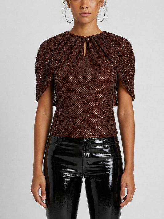Brown Rhinestone Embellished Cape-Sleeve Top - XS - Tops