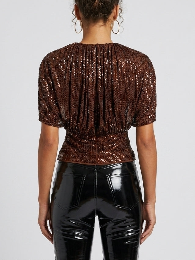 Brown Rhinestone Embellished Cape-Sleeve Top - Tops