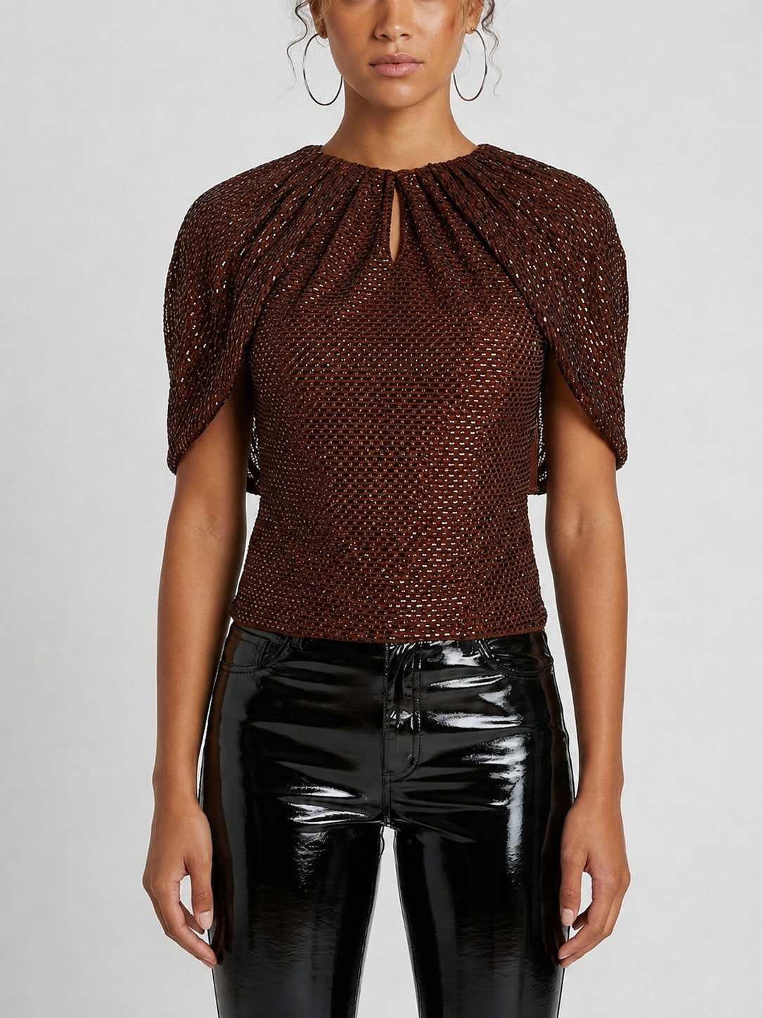 Brown Rhinestone Embellished Cape-Sleeve Top - Tops