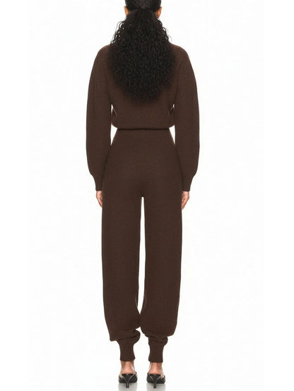 Brown Ribbed Knit Button-Front Jumpsuit - Suits & Sets