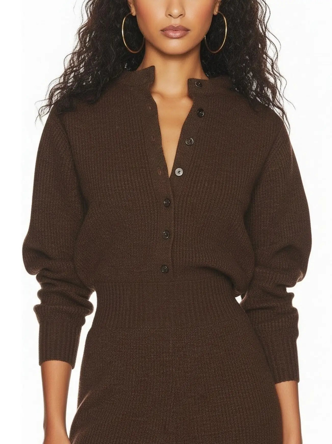 Brown Ribbed Knit Button-Front Jumpsuit - Suits & Sets