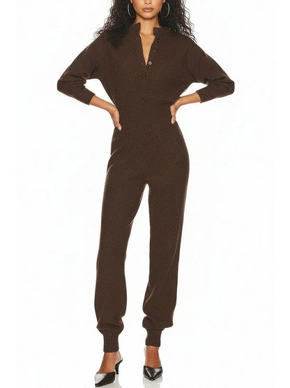 Brown Ribbed Knit Button-Front Jumpsuit - Suits & Sets