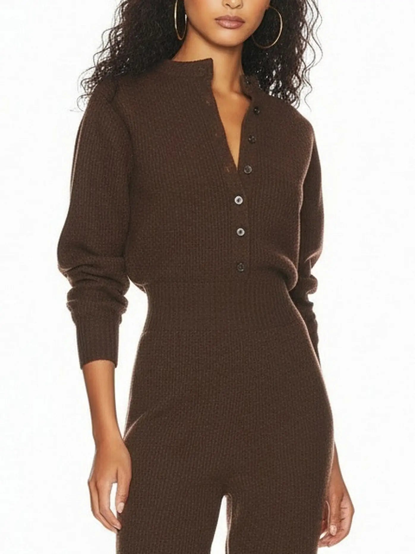 Brown Ribbed Knit Button-Front Jumpsuit - Suits & Sets