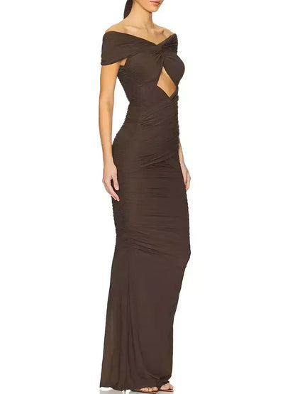 Brown Ruched Jersey Cut Out Maxi Dress Dresses