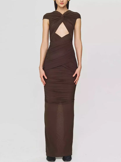 Brown Ruched Jersey Cut Out Maxi Dress Dresses