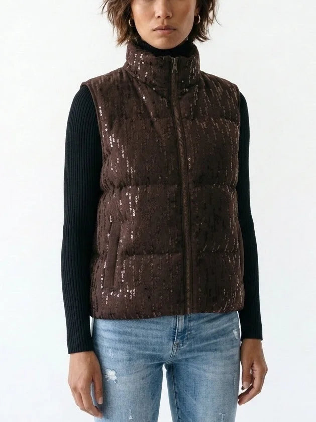 Brown Sequin Embellished Down Puffer Vest - Jackets