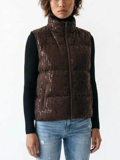 Brown Sequin Embellished Down Puffer Vest - Jackets