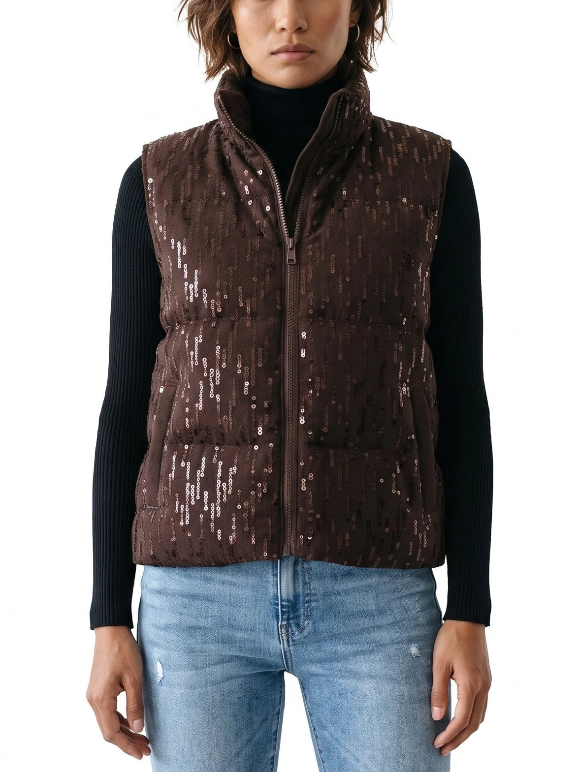Brown Sequin Embellished Down Puffer Vest - Jackets