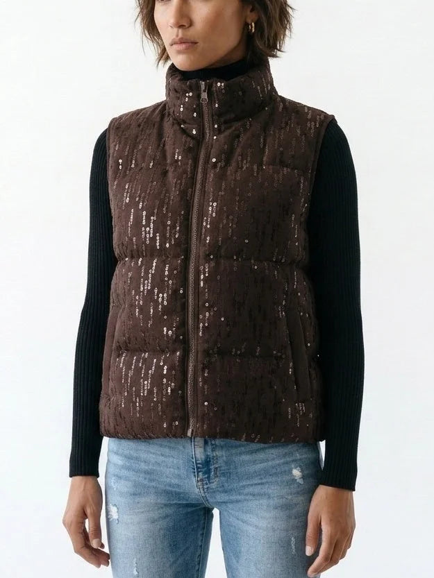 Brown Sequin Embellished Down Puffer Vest - Jackets