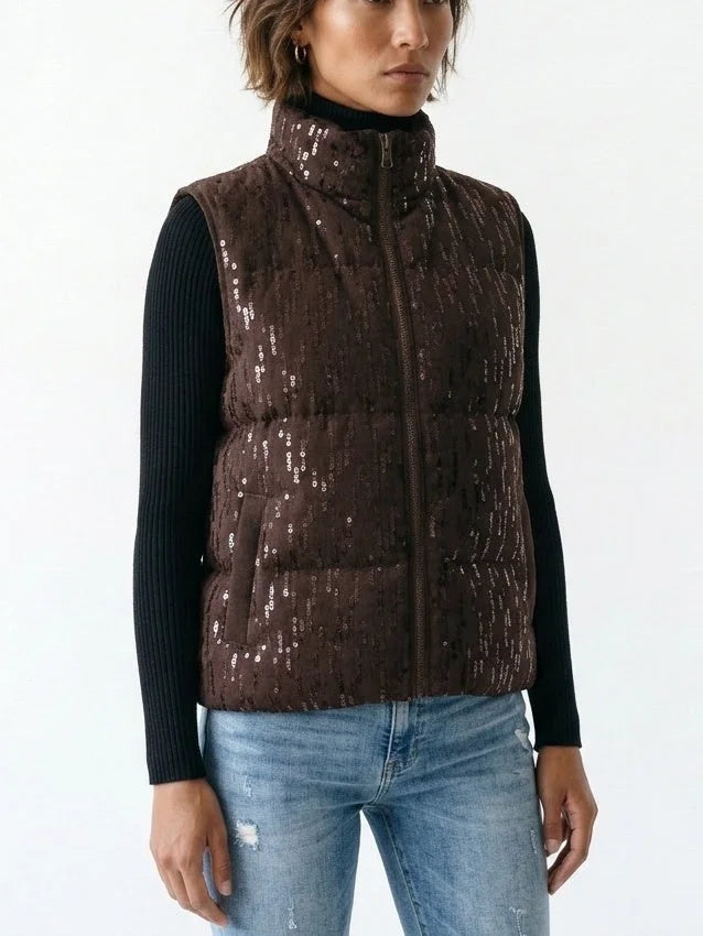 Brown Sequin Embellished Down Puffer Vest - Jackets