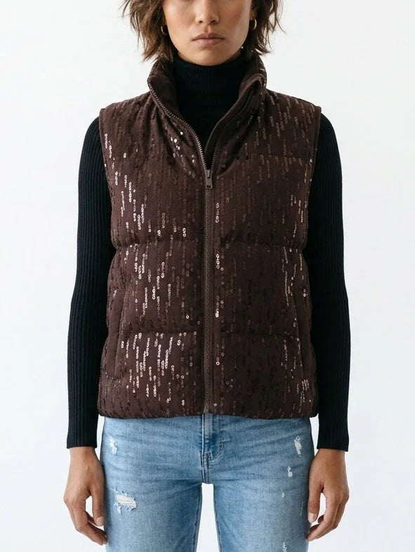 Brown Sequin Embellished Down Puffer Vest - Jackets
