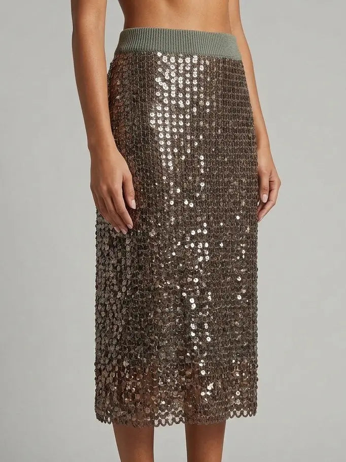 Brown Sequin Embellished Knit Midi Skirt - Skirts