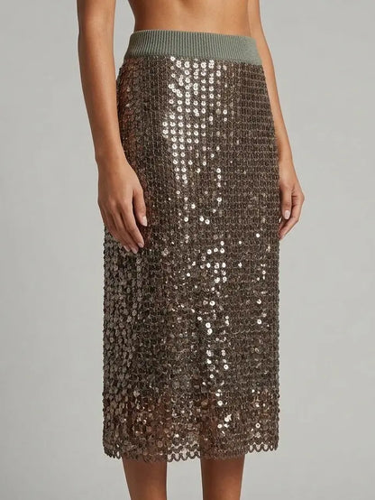 Brown Sequin Embellished Knit Midi Skirt - Skirts
