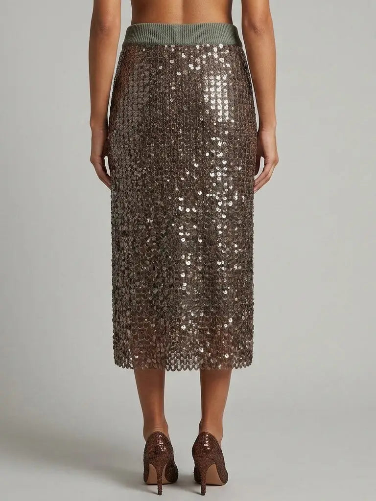 Brown Sequin Embellished Knit Midi Skirt - Skirts